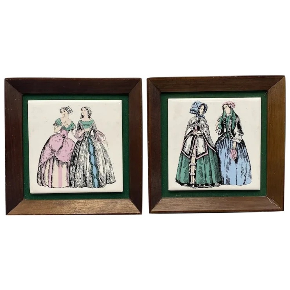 Vintage Pair of Framed Ceramic Tiles Victorian Fashion Napcoware Japan